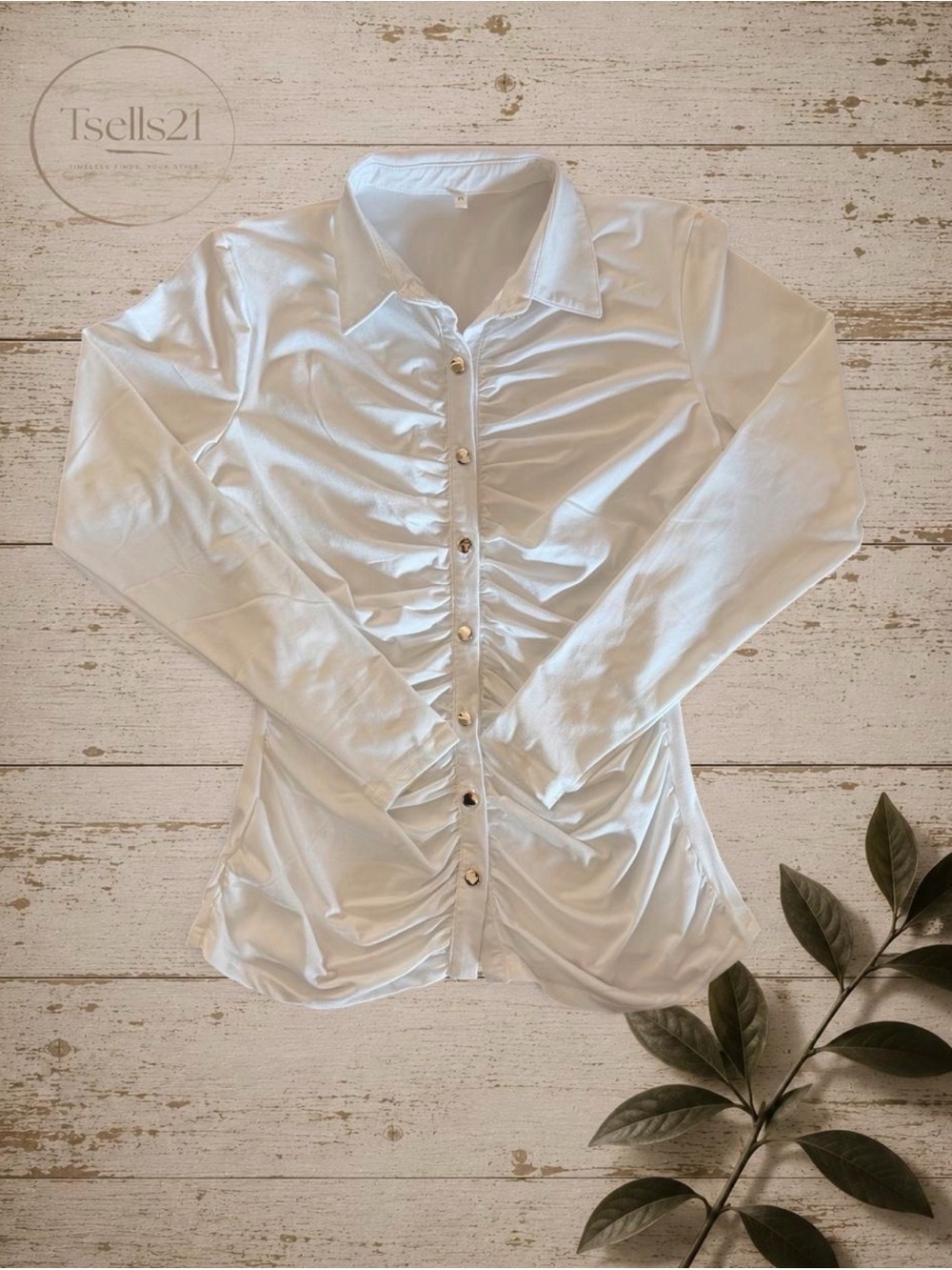 White Y2K Style Ruched Long Sleeve Button Up Top - Size M